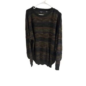 Haggar Mens Plaid‎ Stripe Knit Sweater Crew Neck Long Sleeve XL Green Brown
